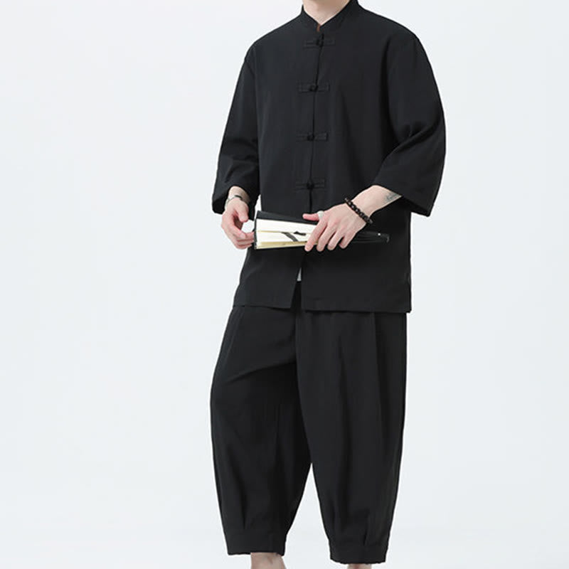 Buddha Stones 2Pcs Solid Frog-Button Three Quarter Sleeve Shirt Pants Men's Set