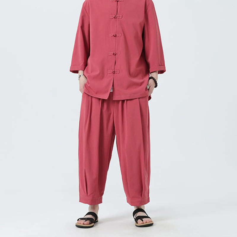 Buddha Stones 2Pcs Solid Frog-Button Three Quarter Sleeve Shirt Pants Men's Set