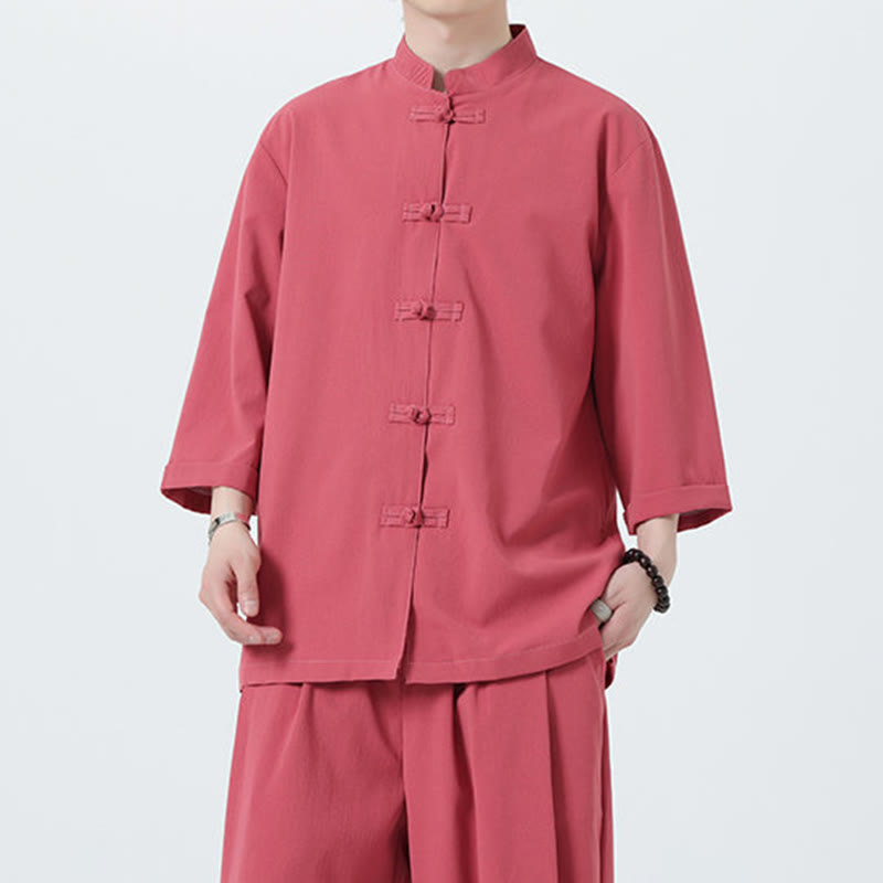 Buddha Stones 2Pcs Solid Frog-Button Three Quarter Sleeve Shirt Pants Men's Set