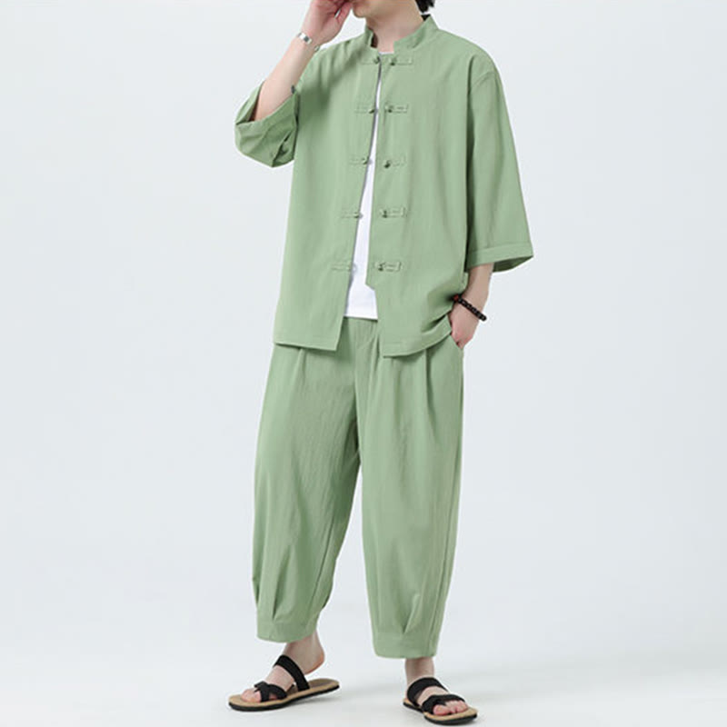 Buddha Stones 2Pcs Solid Frog-Button Three Quarter Sleeve Shirt Pants Men's Set