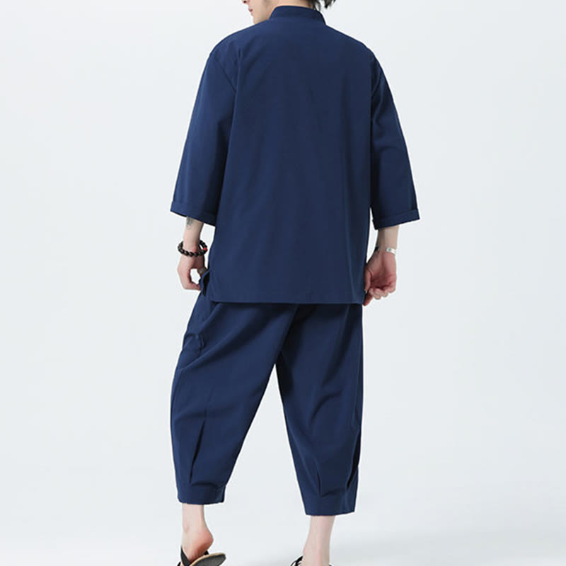 Buddha Stones 2Pcs Solid Frog-Button Three Quarter Sleeve Shirt Pants Men's Set