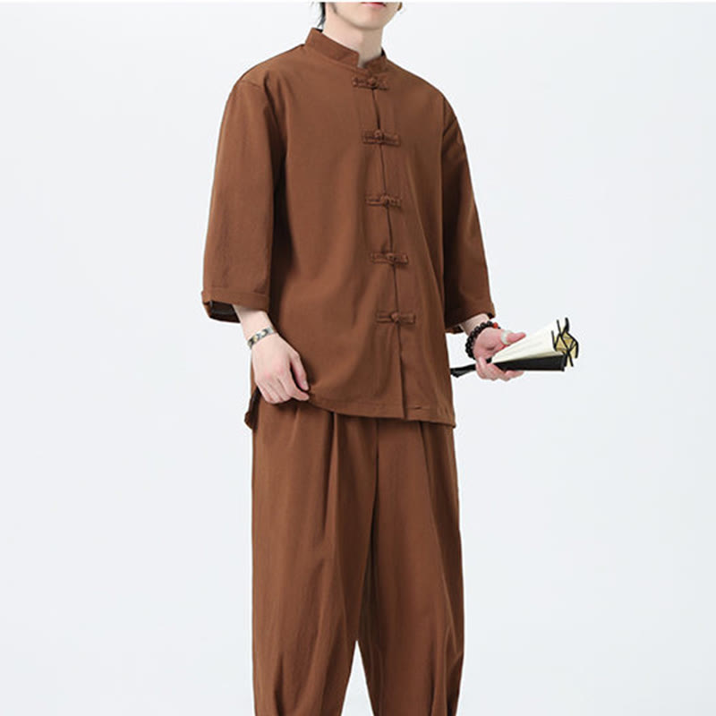 Buddha Stones 2Pcs Solid Frog-Button Three Quarter Sleeve Shirt Pants Men's Set