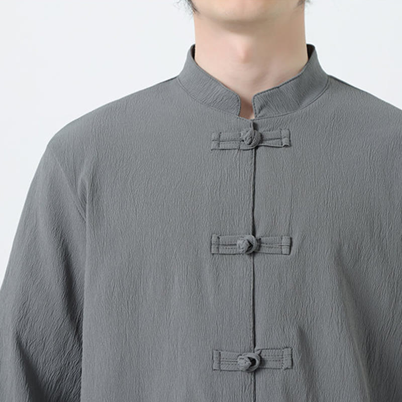 Buddha Stones 2Pcs Solid Frog-Button Three Quarter Sleeve Shirt Pants Men's Set