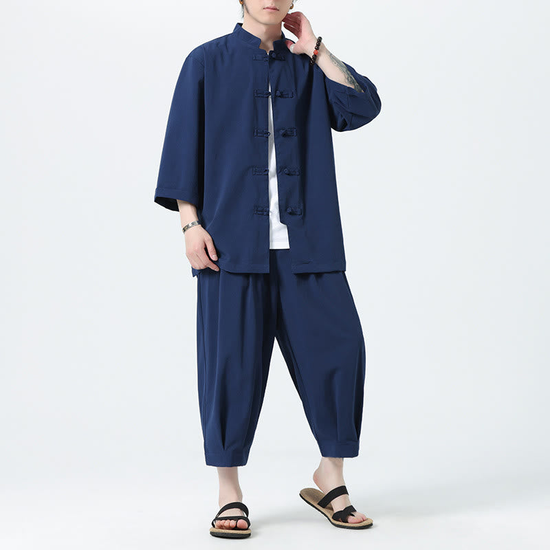 Buddha Stones 2Pcs Solid Frog-Button Three Quarter Sleeve Shirt Pants Men's Set