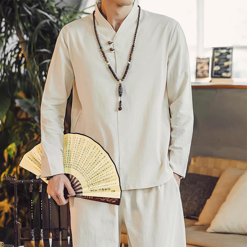 Buddha Stones 2Pcs Cotton Shirt Ankle-Length Pants With Pockets Men's Meditation Cloth Set