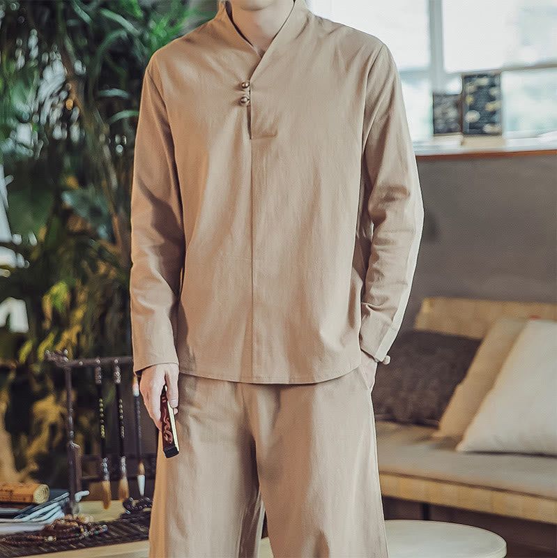 Buddha Stones 2Pcs Cotton Shirt Ankle-Length Pants With Pockets Men's Meditation Cloth Set