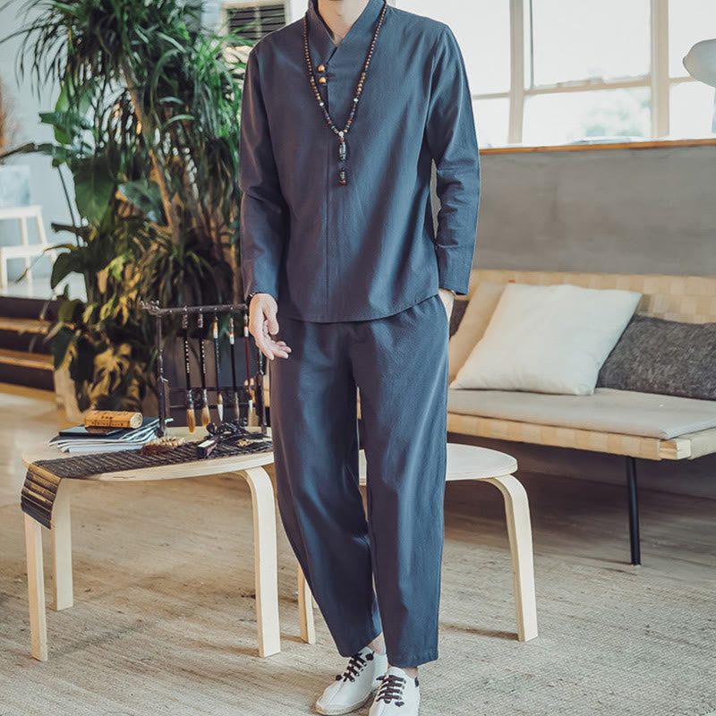 Buddha Stones 2Pcs Cotton Shirt Ankle-Length Pants With Pockets Men's Meditation Cloth Set