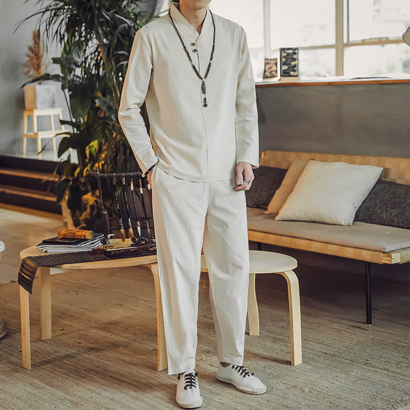 Buddha Stones 2Pcs Cotton Shirt Ankle-Length Pants With Pockets Men's Meditation Cloth Set