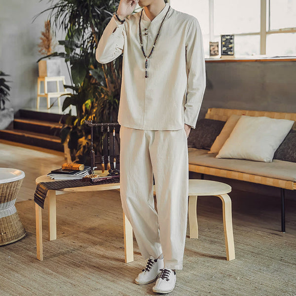 Buddha Stones 2Pcs Cotton Shirt Ankle-Length Pants With Pockets Men's Meditation Cloth Set