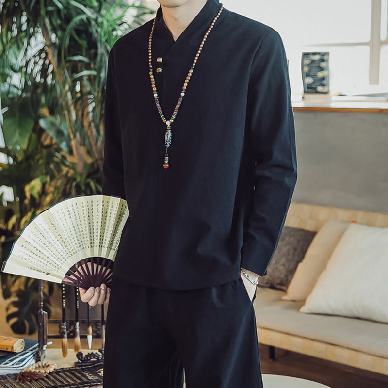 Buddha Stones 2Pcs Cotton Shirt Ankle-Length Pants With Pockets Men's Meditation Cloth Set