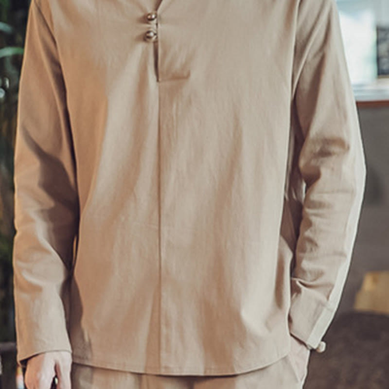 Buddha Stones 2Pcs Cotton Shirt Ankle-Length Pants With Pockets Men's Meditation Cloth Set