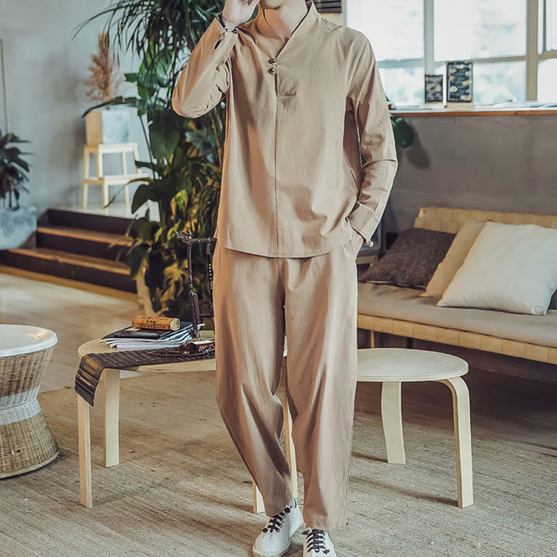 Buddha Stones 2Pcs Cotton Shirt Ankle-Length Pants With Pockets Men's Meditation Cloth Set