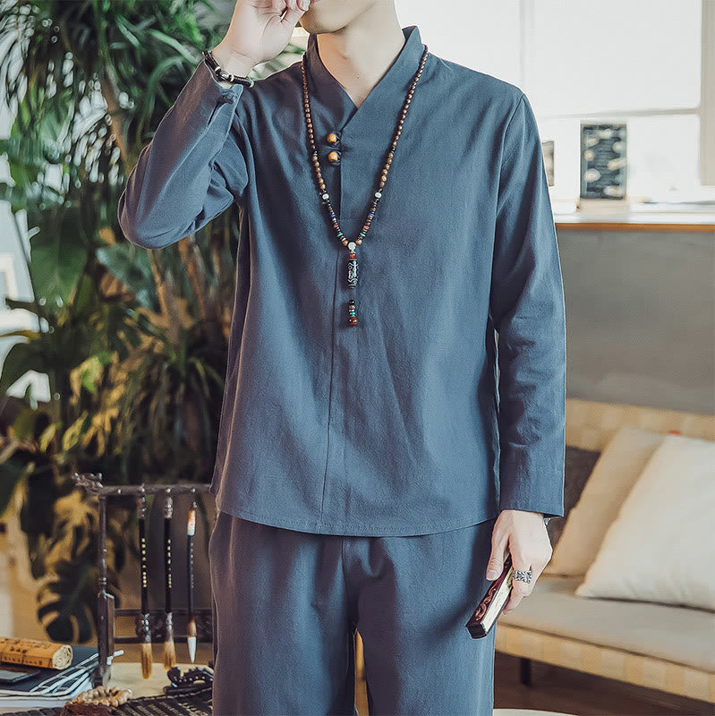 Buddha Stones 2Pcs Cotton Shirt Ankle-Length Pants With Pockets Men's Meditation Cloth Set