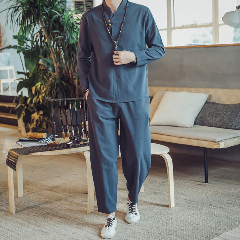 Buddha Stones 2Pcs Cotton Shirt Ankle-Length Pants With Pockets Men's Meditation Cloth Set