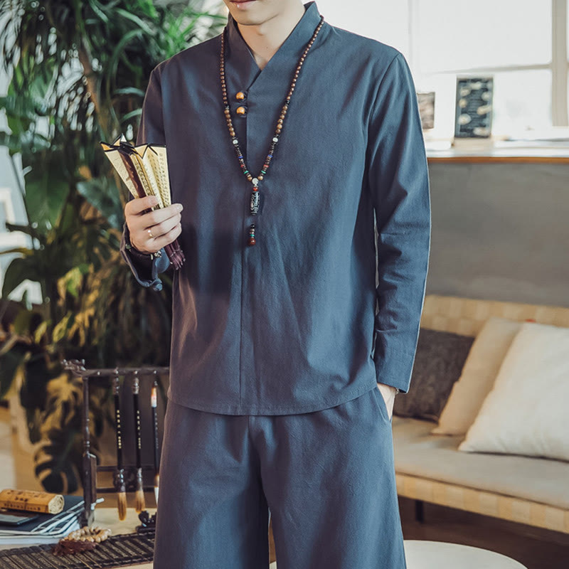 Buddha Stones 2Pcs Cotton Shirt Ankle-Length Pants With Pockets Men's Meditation Cloth Set