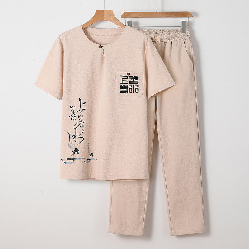 Buddha Stones 2Pcs Chinese Characters Crane Cotton Shirt Pants With Pockets Men's Meditation Cloth Set