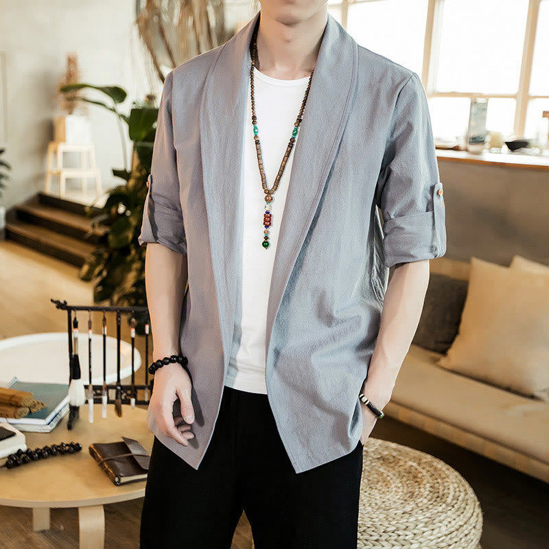 Buddha Stones Vintage Plain Lapel Open Front Jacket Cotton Men's Kimono