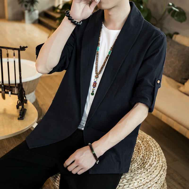 Buddha Stones Vintage Plain Lapel Open Front Jacket Cotton Men's Kimono