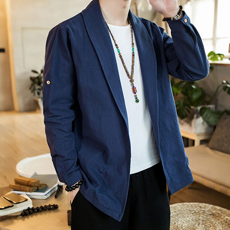 Buddha Stones Vintage Plain Lapel Open Front Jacket Cotton Men's Kimono