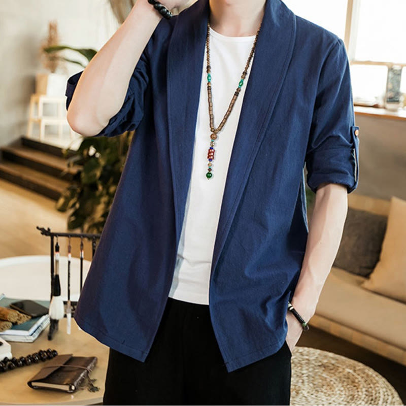 Buddha Stones Vintage Plain Lapel Open Front Jacket Cotton Men's Kimono