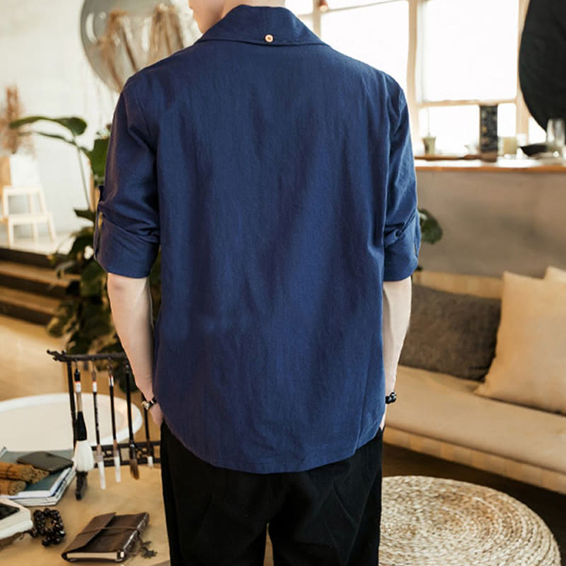 Buddha Stones Vintage Plain Lapel Open Front Jacket Cotton Men's Kimono