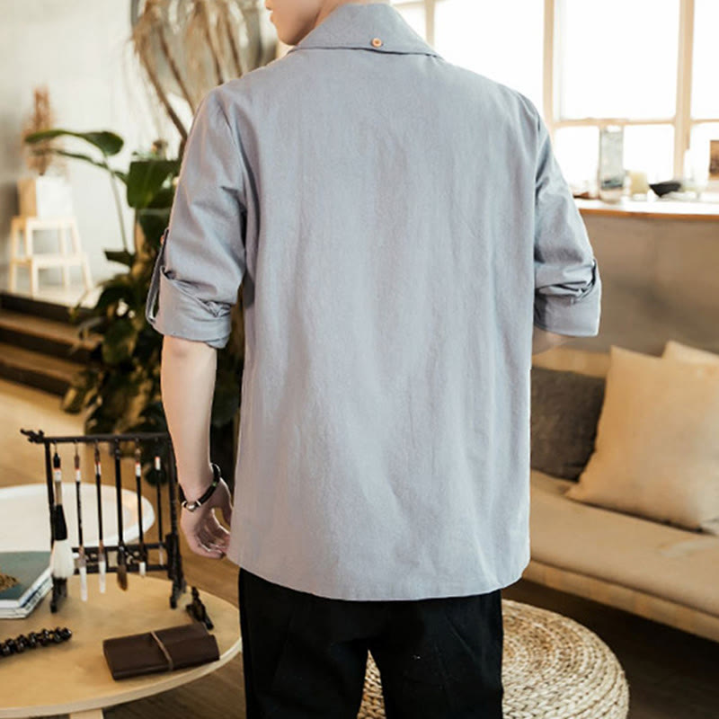Buddha Stones Vintage Plain Lapel Open Front Jacket Cotton Men's Kimono