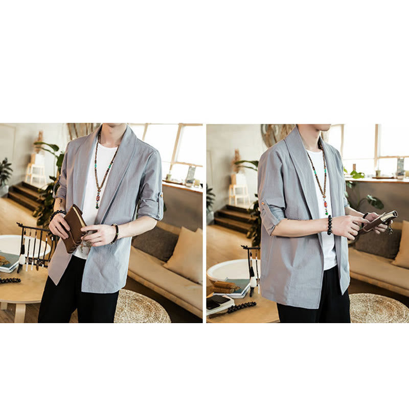 Buddha Stones Vintage Plain Lapel Open Front Jacket Cotton Men's Kimono