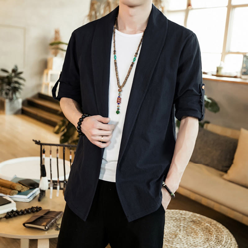 Buddha Stones Vintage Plain Lapel Open Front Jacket Cotton Men's Kimono