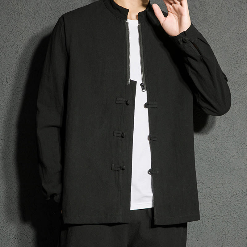 Buddha Stones Plain Zipper Chinese Frog-Button Cotton Long Sleeve Men's Shirt