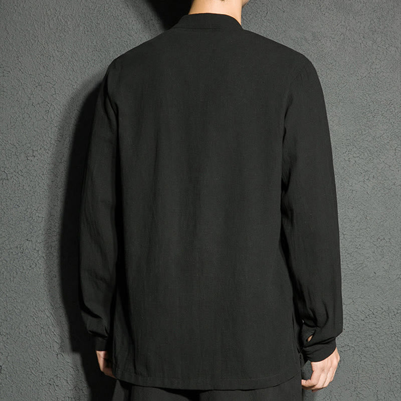 Buddha Stones Plain Zipper Chinese Frog-Button Cotton Long Sleeve Men's Shirt