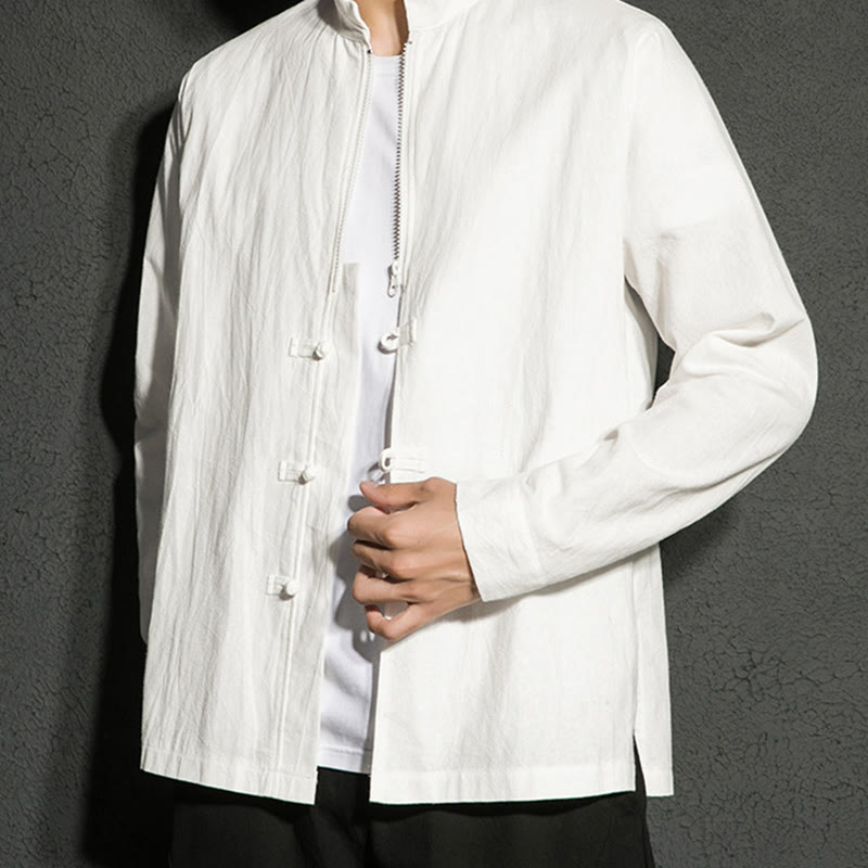 Buddha Stones Plain Zipper Chinese Frog-Button Cotton Long Sleeve Men's Shirt
