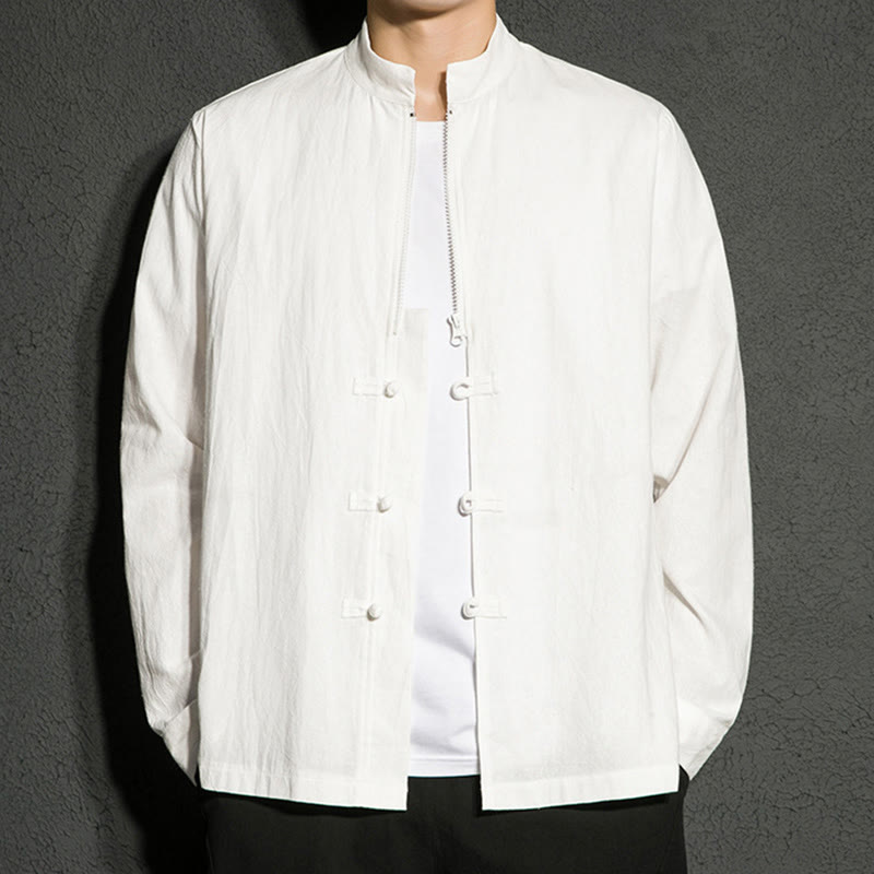 Buddha Stones Plain Zipper Chinese Frog-Button Cotton Long Sleeve Men's Shirt
