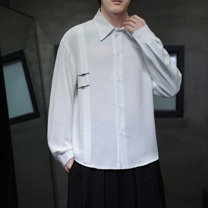 Buddha Stones Plain Buttons Stand Collar Long Sleeve Men's Cotton Shirt