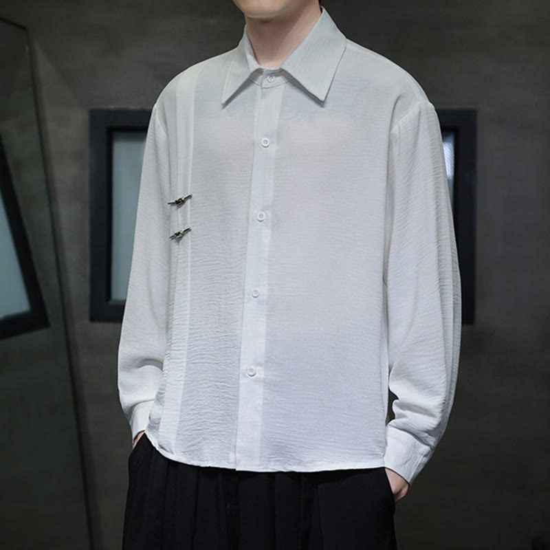 Buddha Stones Plain Buttons Stand Collar Long Sleeve Men's Cotton Shirt