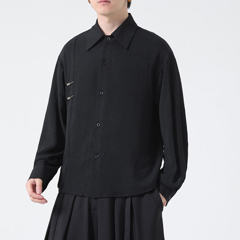 Buddha Stones Plain Buttons Stand Collar Long Sleeve Men's Cotton Shirt