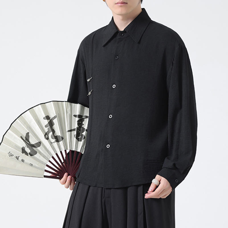 Buddha Stones Plain Buttons Stand Collar Long Sleeve Men's Cotton Shirt