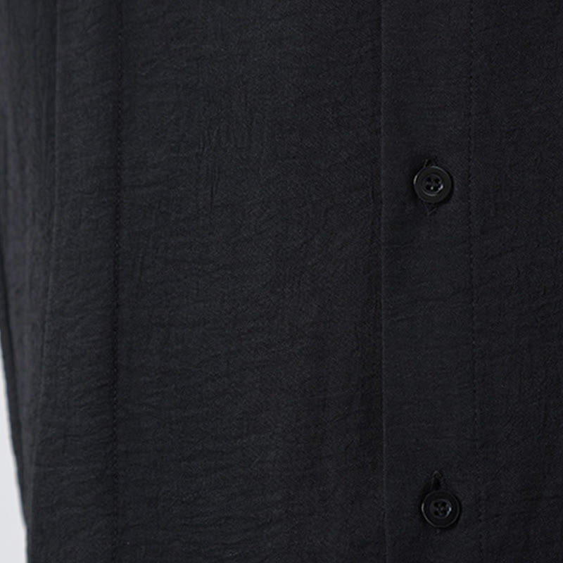 Buddha Stones Plain Buttons Stand Collar Long Sleeve Men's Cotton Shirt