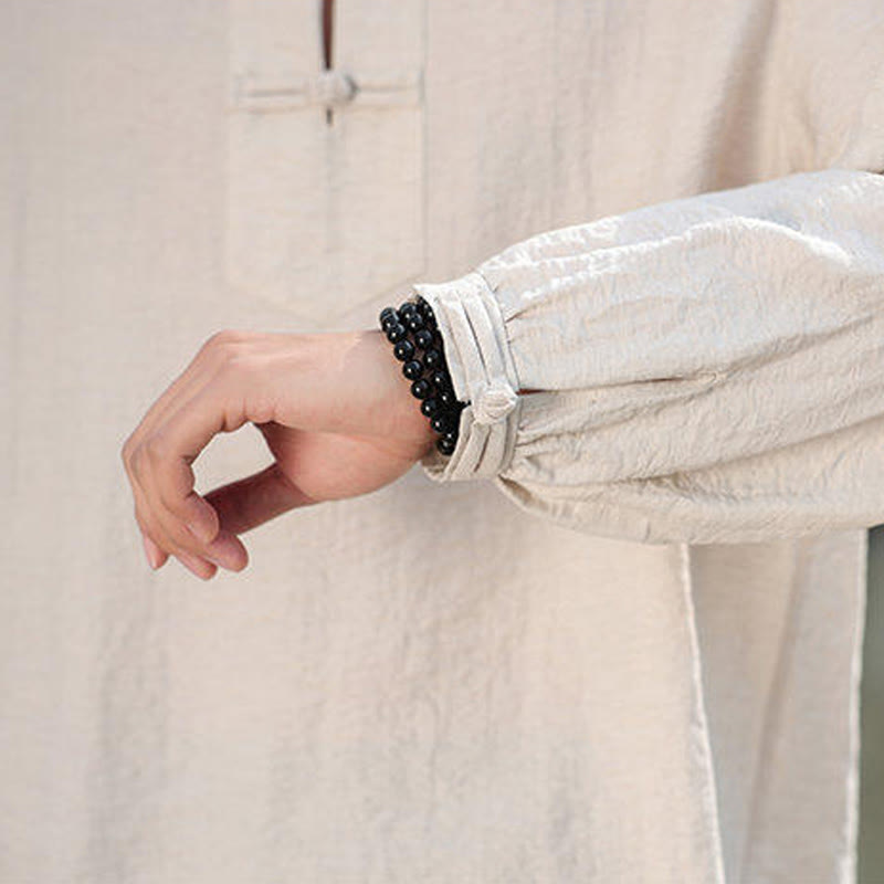 Buddha Stones Two Frog-Button Stand Collar Long Sleeve Men's Cotton Shirt