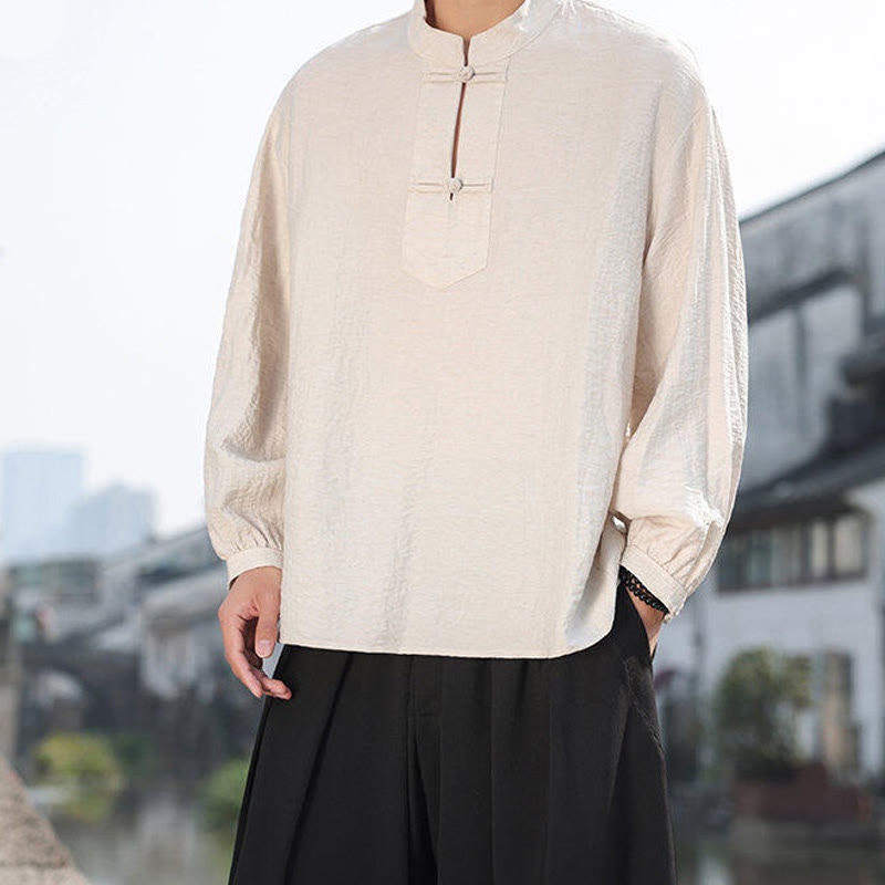 Buddha Stones Two Frog-Button Stand Collar Long Sleeve Men's Cotton Shirt