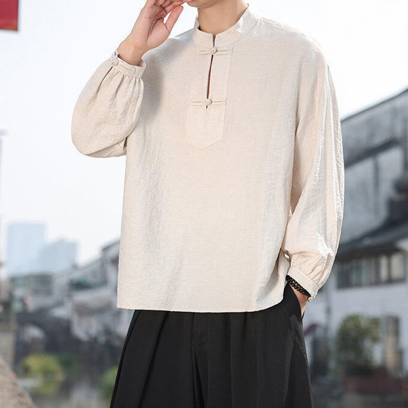 Buddha Stones Two Frog-Button Stand Collar Long Sleeve Men's Cotton Shirt