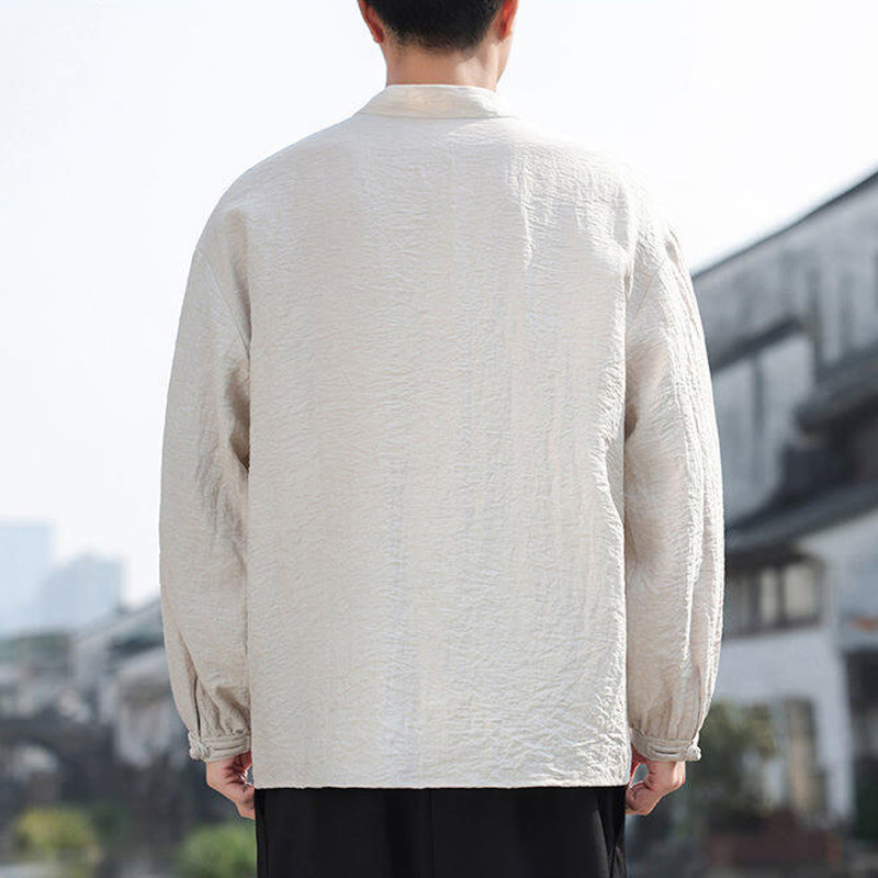 Buddha Stones Two Frog-Button Stand Collar Long Sleeve Men's Cotton Shirt
