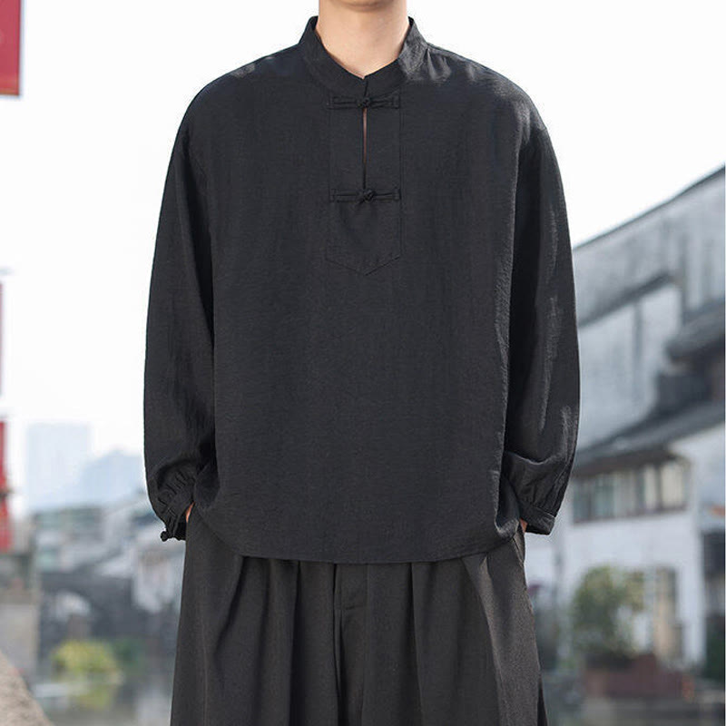 Buddha Stones Two Frog-Button Stand Collar Long Sleeve Men's Cotton Shirt