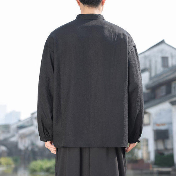 Buddha Stones Two Frog-Button Stand Collar Long Sleeve Men's Cotton Shirt