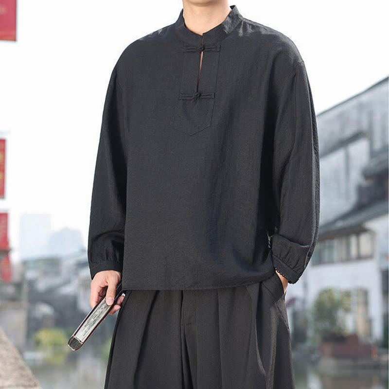 Buddha Stones Two Frog-Button Stand Collar Long Sleeve Men's Cotton Shirt