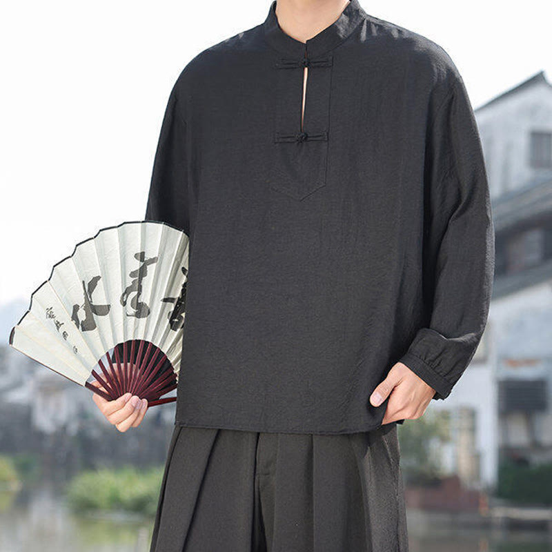 Buddha Stones Two Frog-Button Stand Collar Long Sleeve Men's Cotton Shirt