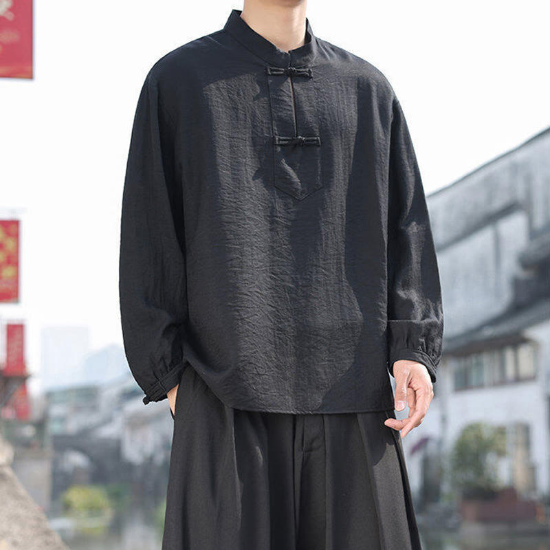 Buddha Stones Two Frog-Button Stand Collar Long Sleeve Men's Cotton Shirt