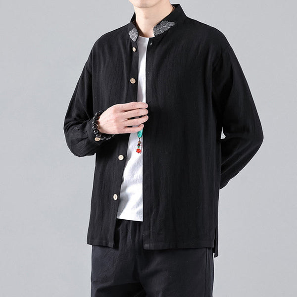 Buddha Stones Embroidered Auspicious Clouds Stand Collar Button Down Long Sleeve Men's Cotton Shirt