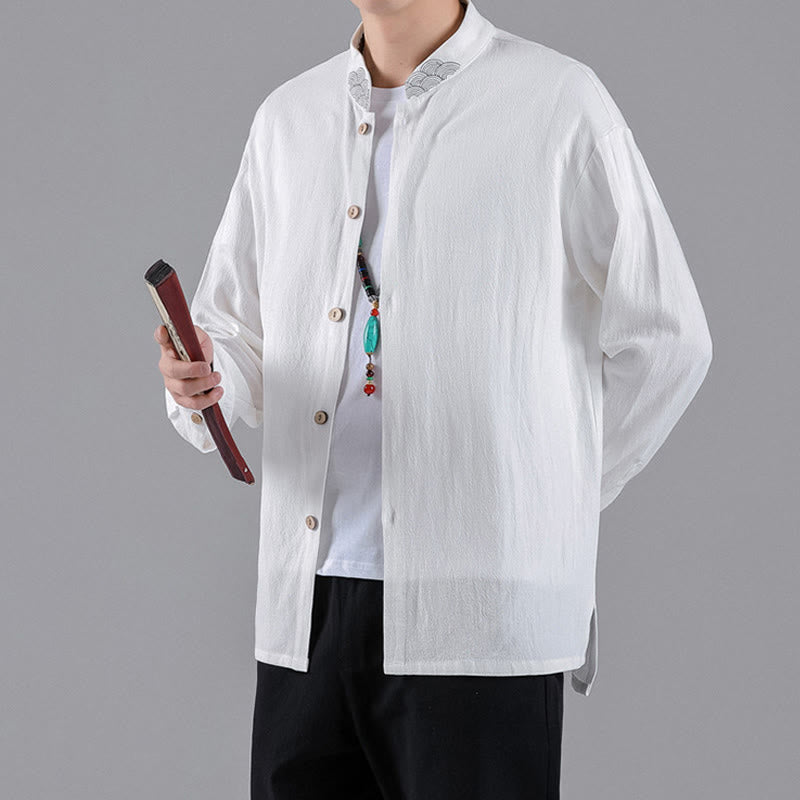 Buddha Stones Embroidered Auspicious Clouds Stand Collar Button Down Long Sleeve Men's Cotton Shirt