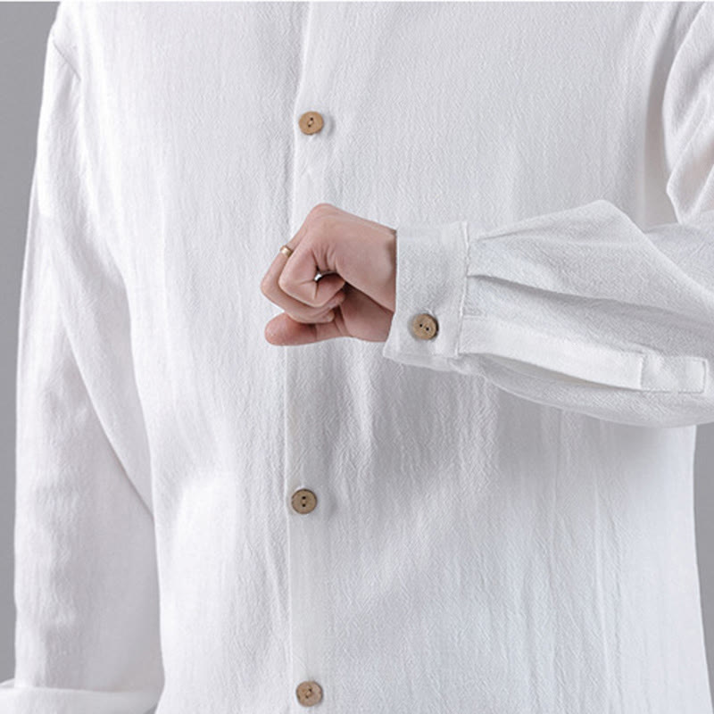 Buddha Stones Embroidered Auspicious Clouds Stand Collar Button Down Long Sleeve Men's Cotton Shirt