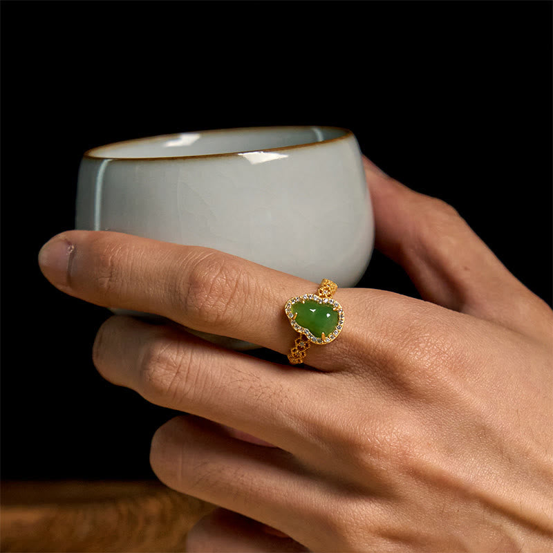 Buddha Stones Vintage Gourd Green Chalcedony Copper Plated Gold Adjustable Wealth Ring